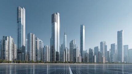Fototapete - City skyline with modern solar-integrated skyscrapers 