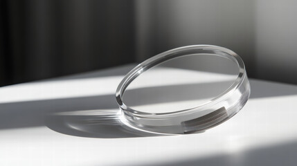 Poster - minimalist glass object: a sleek, clear glass object sits in a studio setting, casting a captivating