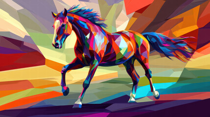 Poster - artistic horse in geometric spectrum: a vivid, colorful horse in a dynamic pose, rendered in a geome