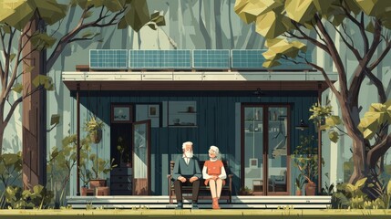 Fototapete - Elderly couple relaxing outside a solar-powered eco home 