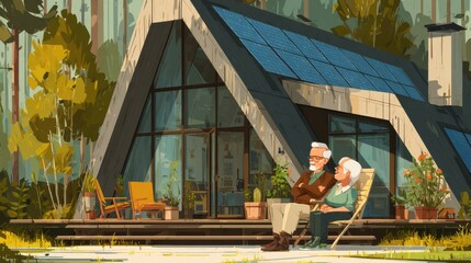 Fototapete - Elderly couple relaxing outside a solar-powered eco home 
