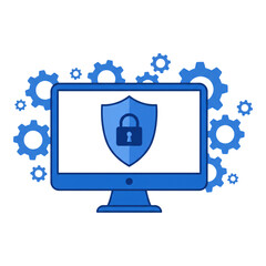 Poster - computer monitor with shield icon and gear. data security concept, protection technology and digital