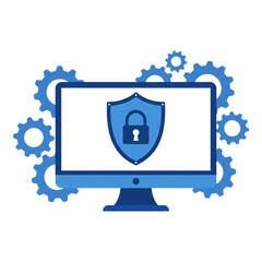 Poster - computer monitor with shield icon and gear. data security concept, protection technology and digital