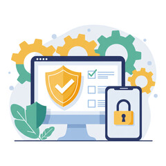 Poster - Computer monitor screen with security shield icon and smartphone with lock. Digital data protection and online security concept for cybersecurity on transparent background.
