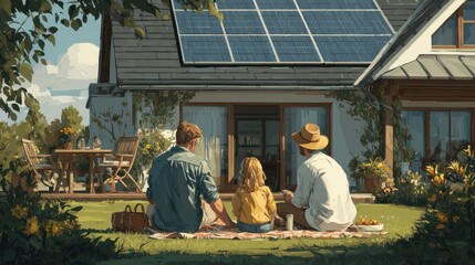 Fototapete - Family sitting in a backyard of solar-powered home, enjoying sunshine 