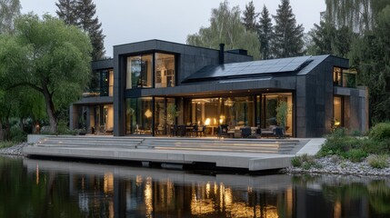 Fototapete - Modern house with solar panels on the roof, surrounded by green grass
