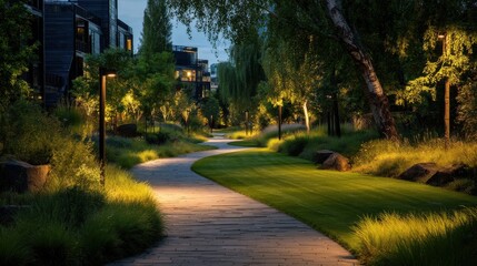 Fototapete - Pedestrian path through a solar-lit park with trees and grass 