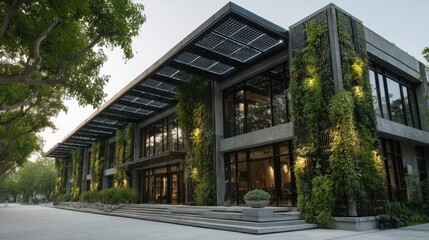 Fototapete - Public building with solar panels and vertical garden walls 