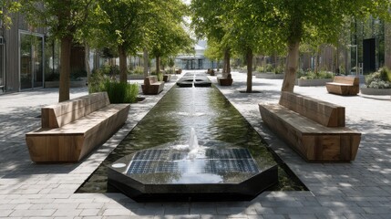 Fototapete - Quiet park with solar-powered water fountains and wooden benches