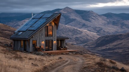 Fototapete - Remote cabin in the hills using solar panels for full energy