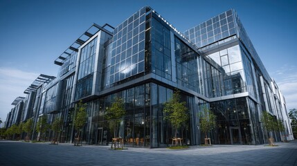 Fototapete - Smart building covered in solar glass panels in clean city