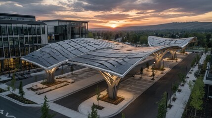 Fototapete - Solar canopies covering parking area beside eco-friendly mall