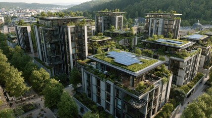 Fototapete - Sustainable urban block with green roofs and solar technology
