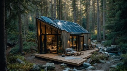 Fototapete - Tiny house in forest using solar energy, off-grid lifestyle