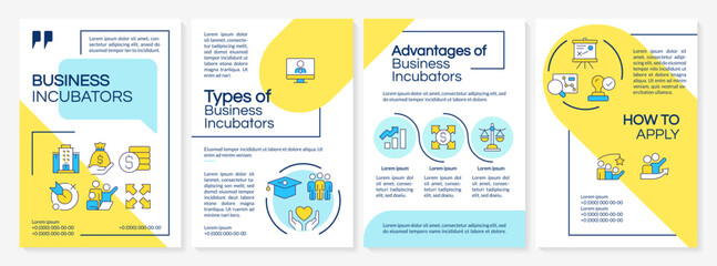 Poster - Business incubators advantages blue and yellow brochure layout. Teamwork organization, startup. Leaflet advertising design with color line icons. Editable 4 pages. Questrial, Lato-Regular fonts used