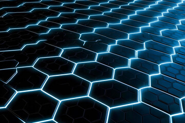 Aufkleber - Abstract hexagon pattern blue neon glowing dark background