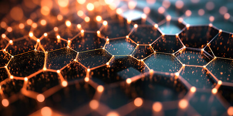 Poster - Abstract hexagonal network glowing orange connections dark background