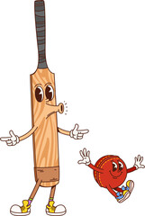 Poster - Cricket sport game groovy funny character. Game championship cheerful cartoon vector mascot, cricket bat and ball funny 60s 70s characters. Sport club match happy hippie vintage character or personage