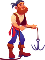 Fototapete - Cartoon pirate corsair character, boatswain personage with red beard holding a grappling hook. Vector sea rover sailor personage wears traditional costume. Funny comic corsair ready for boarding ships