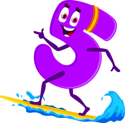 Poster - Cartoon math number five character surfing a board on summer vacation. Vector purple 5 digit numeric personage with cheerful face engaged in extreme water activity. Playful numeracy kids learning