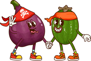 Fototapete - Groovy tropical figs and feijoa fruits pirate corsair characters dressed in bandana with skull and sailor headband. Vector food personages holding hands, symbolizing teamwork, friendship and adventure