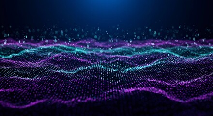Fototapete - Abstract digital landscape of undulating particles, glowing in vibrant purple and teal hues against a dark background