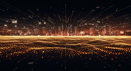 Fototapete - Glowing city skyline emerging from a digital, wave-like landscape at night.  Data streams radiate outward