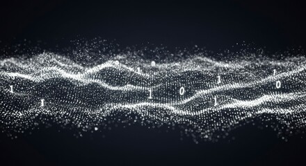 Fototapete - Abstract digital wave of glowing particles forming undulating pattern with binary code