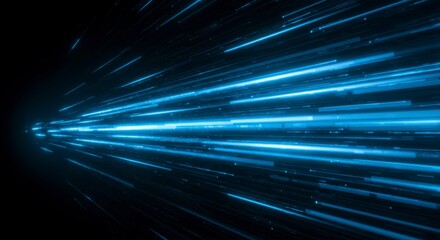 Fototapete - Abstract image of bright blue streaks of light converging to a point against a black background, suggesting speed and data flow