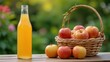 © BEN - Freshly Pressed Apple Juice in a Bottle Next to a Basket of Bright Red Apples on a Wooden Table