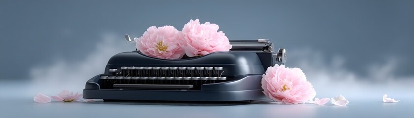 Poster - A vintage typewriter with blooming flowers instead of keys, pages floating mid-air, soft pastel tones, mysterious yet elegant, artistic still life, surreal photography, moody depth