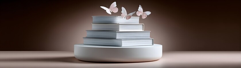 Poster - A stack of books with their pages transforming into flying birds, soft golden light, whimsical surrealism, high-end artistic photography, conceptual still life, dramatic shadows