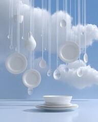 Poster - A floating table with dishes and utensils suspended mid-air, surreal dining scene, dreamlike atmosphere, soft light reflections, artistic composition, mysterious elegance, highly detailed