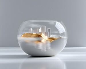 Poster - A transparent fishbowl containing a floating city, soft diffused light, magical realism, dreamlike storytelling, high-definition surreal photography, artistic detail