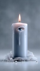 Poster - A melting candle with a human eye in its wax, soft surreal lighting, eerie but mesmerizing, artistic surreal composition, dramatic contrast, cinematic depth, high detail