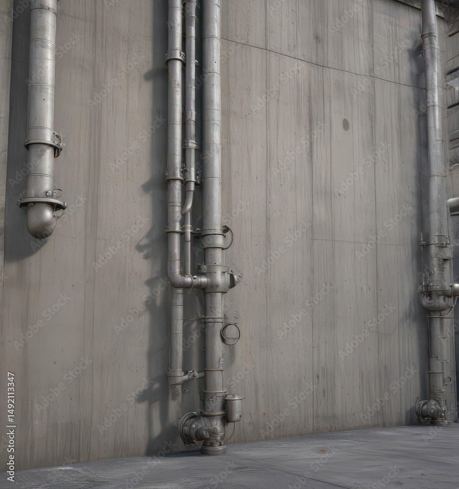 Picture of Raw concrete wall with exposed industrial pipes & machinery Metallic ...