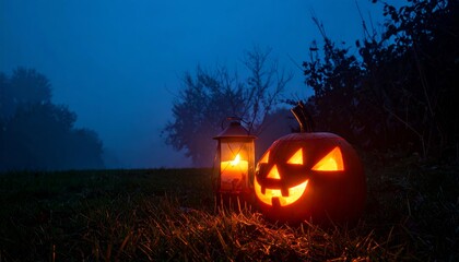 Wall Mural - glowing orange jack-o-lantern with a scary face sits on the dark grass, embodying the spooky spirit 