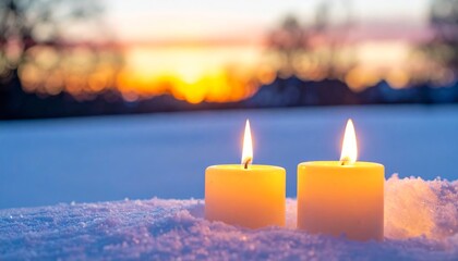 Wall Mural - three burning candles glow with a warm, romantic light against the dark, snowy night, a holiday deco