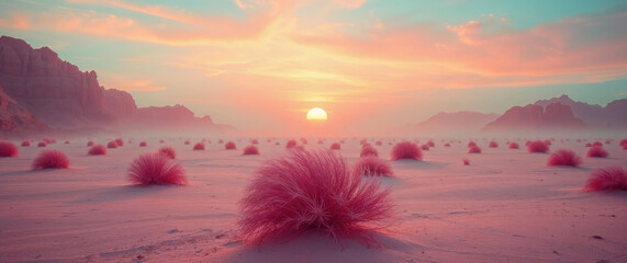 Poster - Pink desert plants at sunset creating surreal landscape