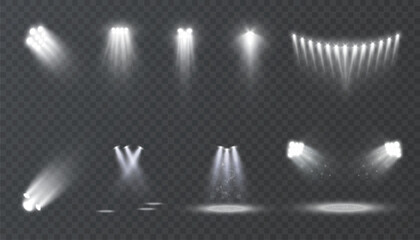 Poster - 
Set of realistic spotlight beams with glowing white light on a transparent background. Studio stage lighting effects for shows, stages, photo zones, sports events or digital design.