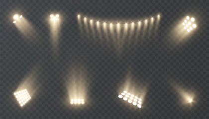 Poster - 
Set of realistic spotlight beams with glowing yellow light on a transparent background. Studio stage lighting effects for shows, stages, photo zones, sports events or digital design.