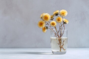 Aufkleber - Yellow blooms in a glass vase on a gray surface. Simple floral arrangement for a minimalist aesthetic. Soft light captures the flowers.
