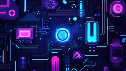 Aufkleber - Futuristic neon circuit board design with glowing components and intricate patterns