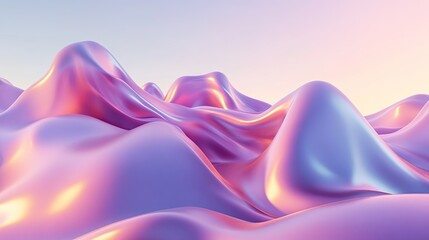 Poster - Pastel pink and purple abstract landscape with smooth, flowing, iridescent hills under a soft light