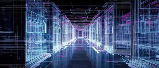 Poster - abstract server room interior with glowing lines