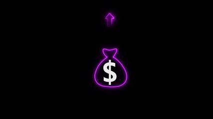 Poster - Glowing neon money bag animation with black background. Animated of money bag with dollar sign symbol and Dollar transformation to up.