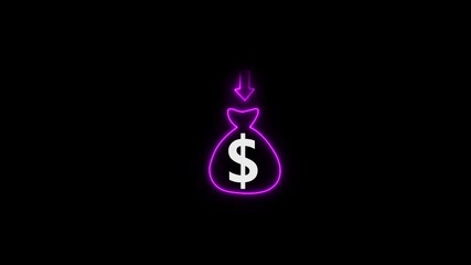 Poster - Glowing neon money bag animation with pink color .Animated of money bag with dollar sign symbol and Dollar transformation to down.