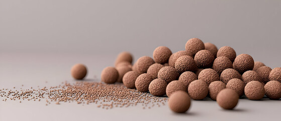 Poster - Pile Of Brown Spherical Objects On Light Gray Background