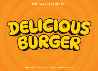Poster - Delicious burger text effect vector graphic design food culinary background comic cartoon font style