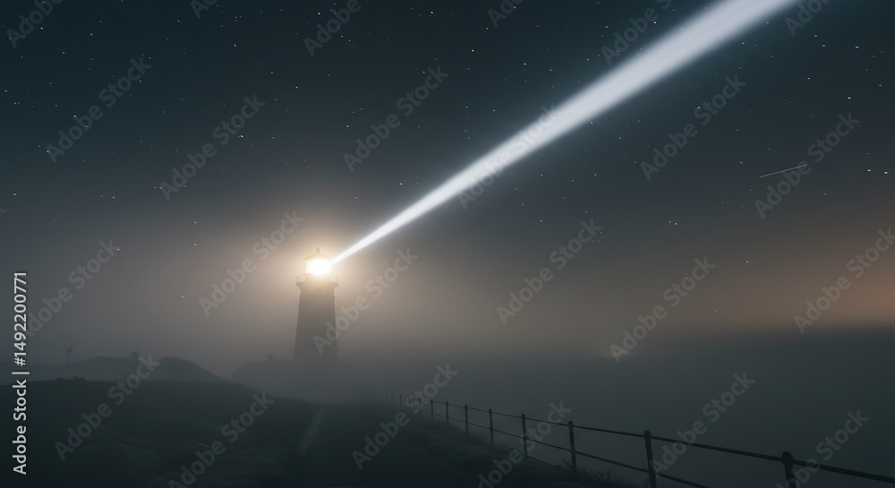 Lighthouse beam cuts through foggy night sky a beacon of hope and ...